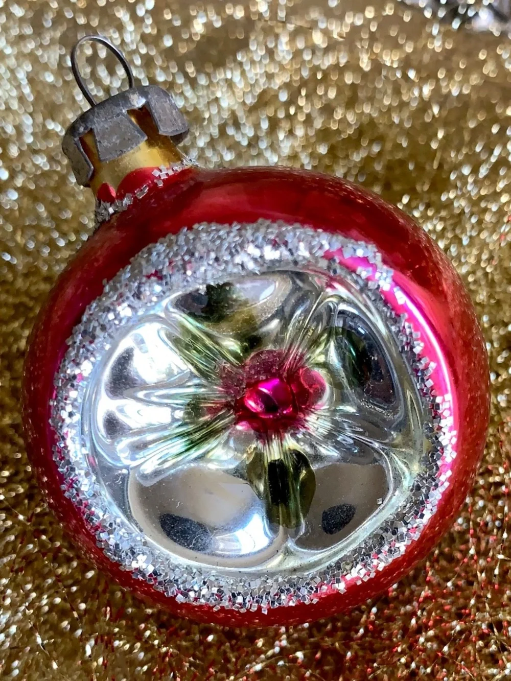 Indent Reflector Glass Christmas Ornament Red Mercury Glass Flower Center